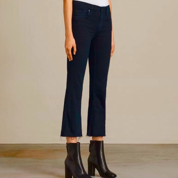 AllSaints 25 Heidi Cropped Flare Women’s Jeans Dark Indigo Blue Raw Hem Stretch - Picture 10 of 10